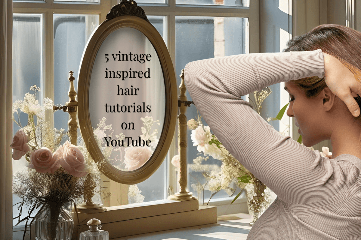Woman adjusting her hair in front of a vintage mirror with floral decorations.