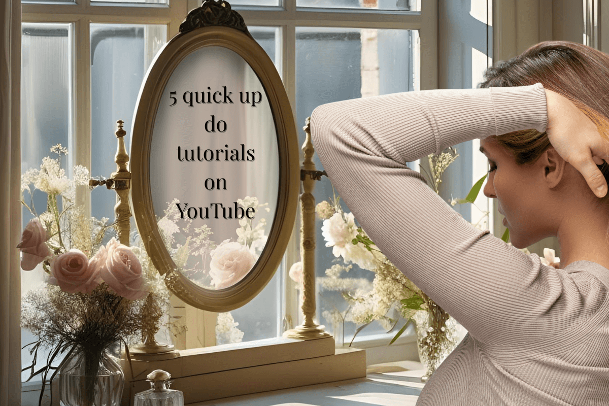 Woman adjusting her hair in front of a decorative mirror with floral arrangements.