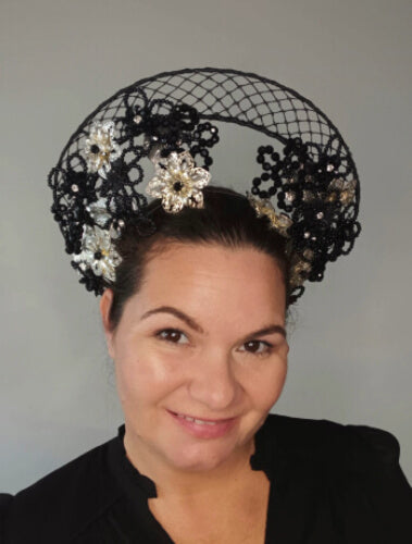 A picture of a Black and Silver Beaded Millinery Crown by Melissa Rath Millinery.