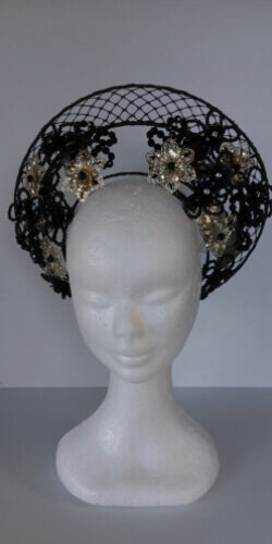 A picture of a Black and Silver Beaded Millinery Crown by Melissa Rath Millinery.
