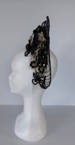 A picture of a Black and Silver Beaded Millinery Crown by Melissa Rath Millinery.