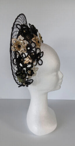 A picture of a Black and Silver Beaded Millinery Crown by Melissa Rath Millinery.