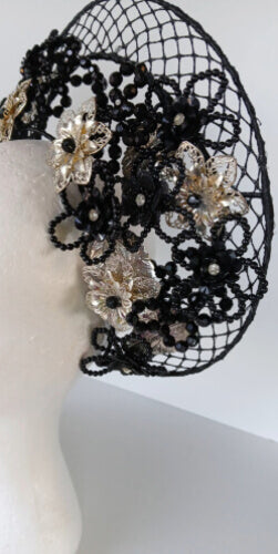 A picture of a Black and Silver Beaded Millinery Crown by Melissa Rath Millinery.