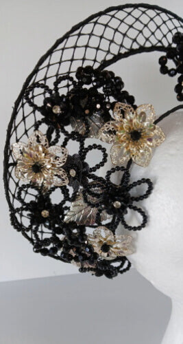 A picture of a Black and Silver Beaded Millinery Crown by Melissa Rath Millinery.