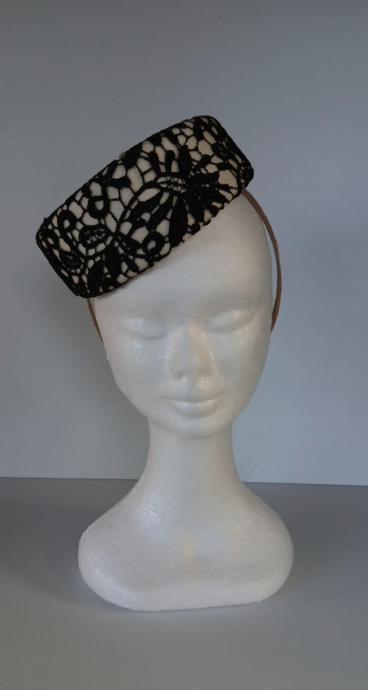 A picture of a Black and White Felt Millinery Pillbox Hat by Melissa Rath Millinery.