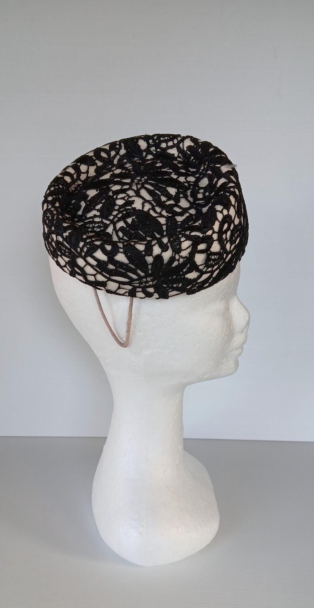 A picture of a Black and White Felt Millinery Pillbox Hat by Melissa Rath Millinery.