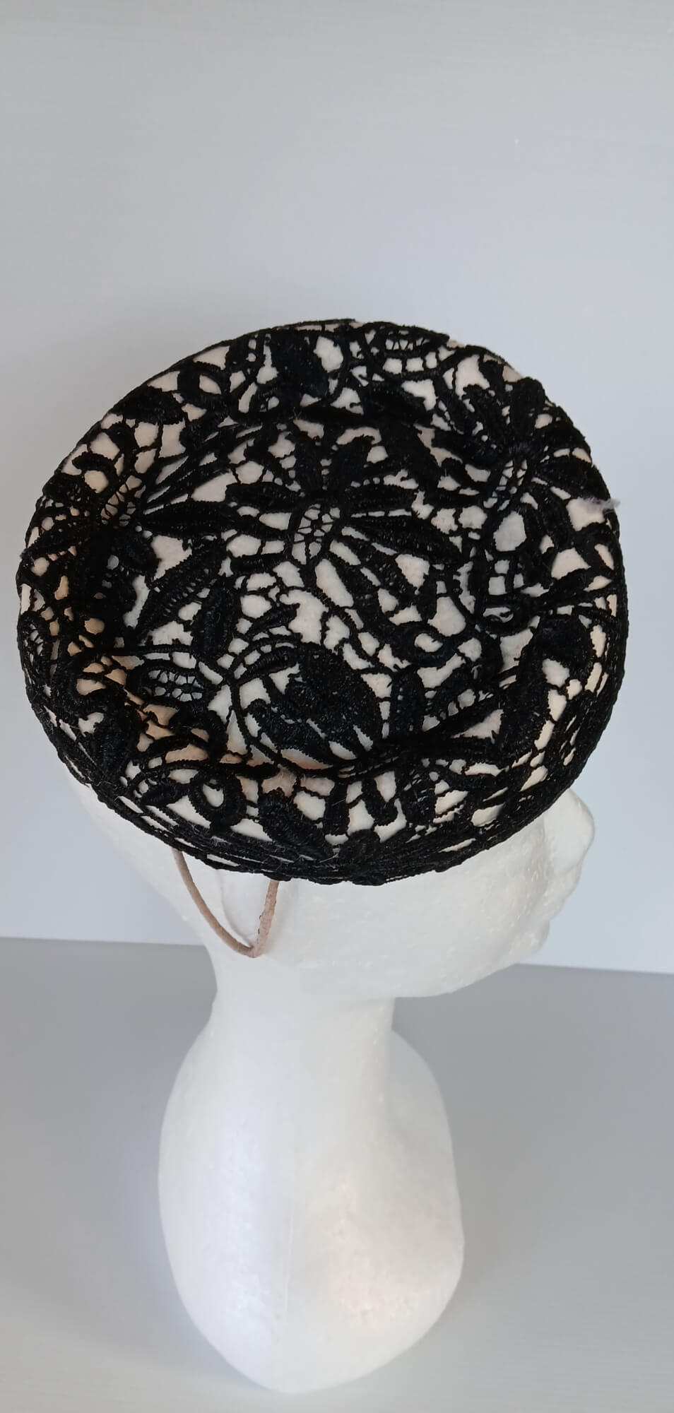A picture of a Black and White Felt Millinery Pillbox Hat by Melissa Rath Millinery.