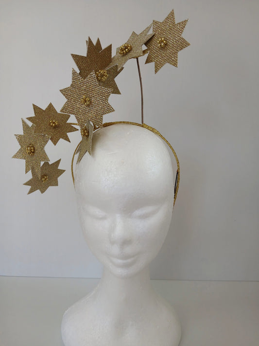 A picture of a Gold Pleather Millinery Fascinator by Melissa Rath Millinery.