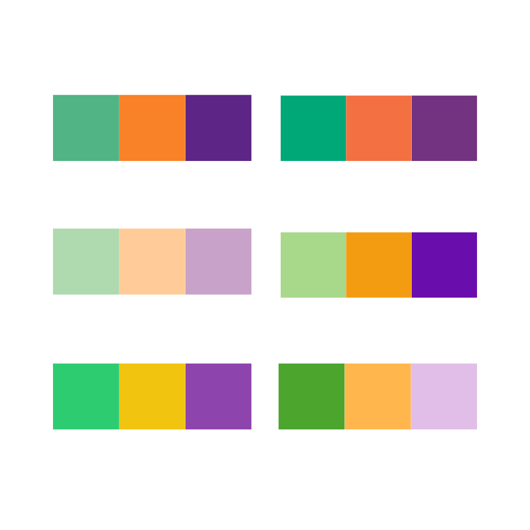 A picture of colour combinations for a green triadic colour scheme.