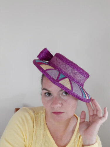 A picture of a Purple Patchwork Boater Hat by Melissa Rath Millinery.