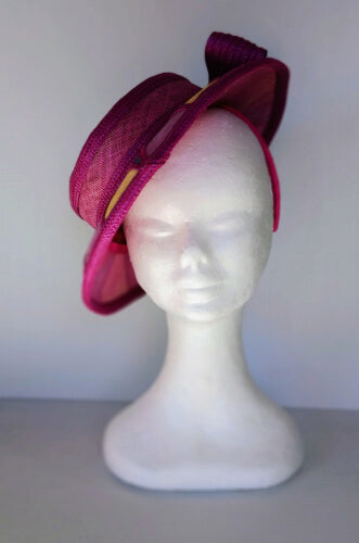 A picture of a Purple Patchwork Boater Hat by Melissa Rath Millinery.