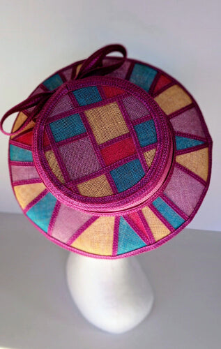 A picture of a Purple Patchwork Boater Hat by Melissa Rath Millinery.