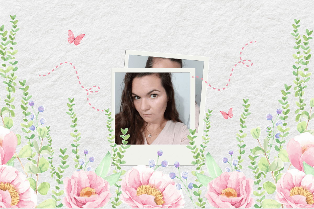 Decorative floral frame with pink flowers and green leaves on a light background