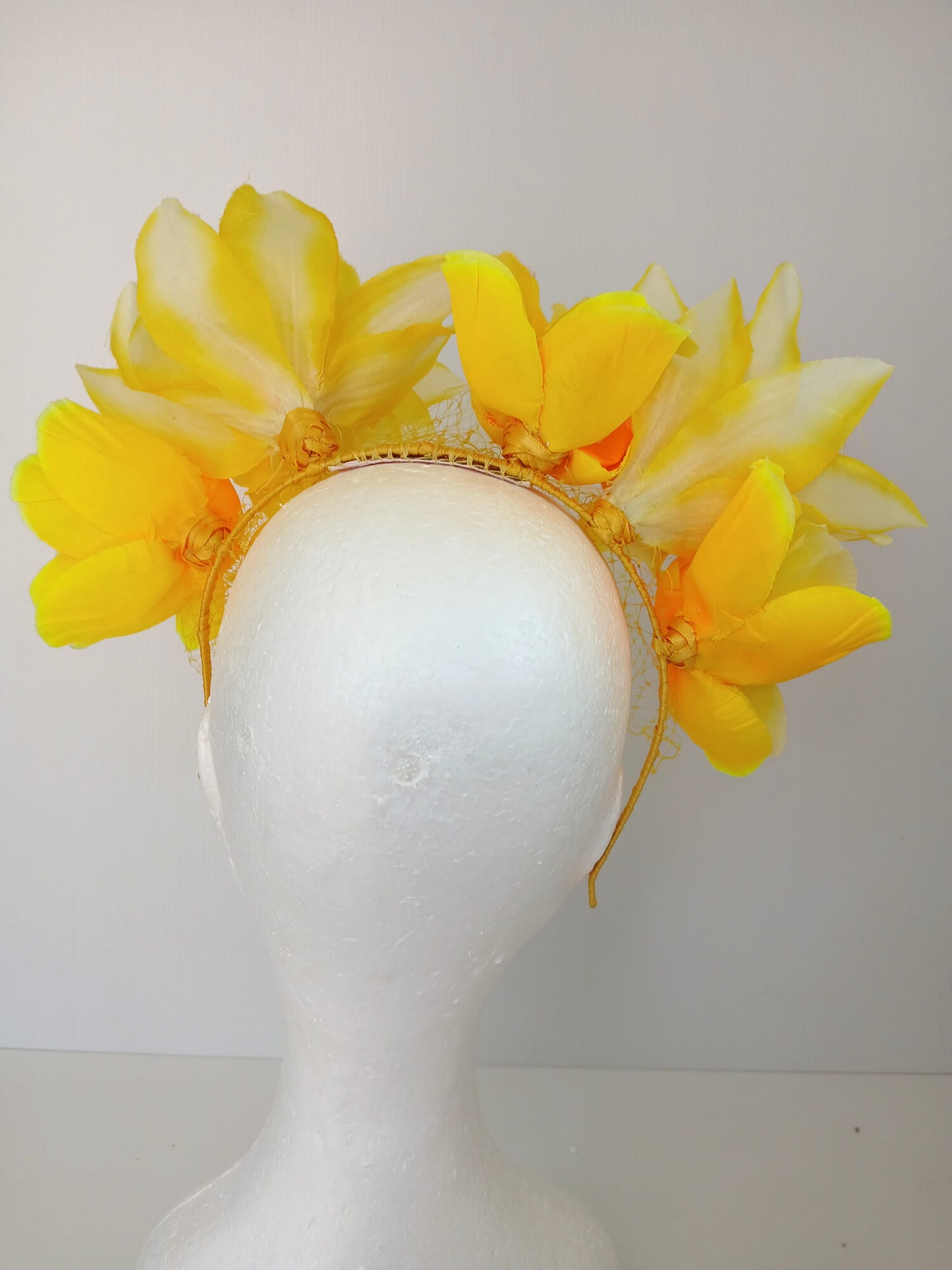 A picture of a Yellow Veiled Headband by Melissa Rath Millinery
