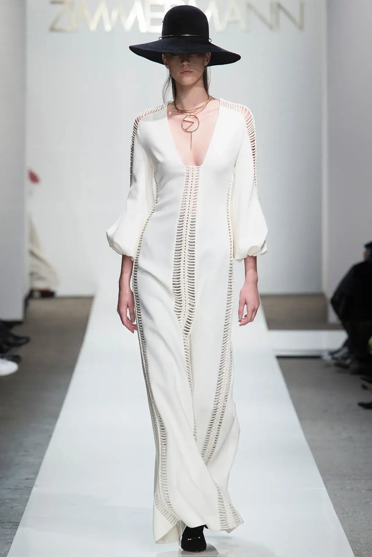 A picture of a model on the catwalk for Zimmerman AW 2015.