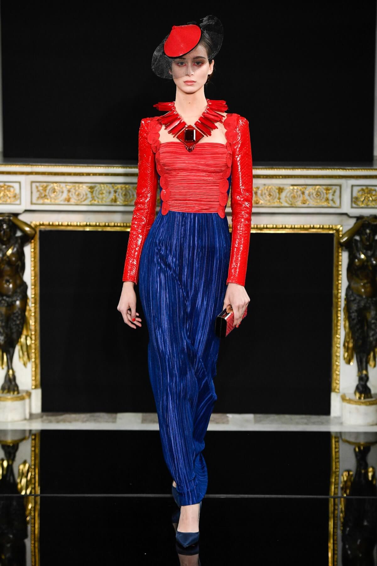 A picture of a model on the catwalk for the Armani 2019 catwalk show.
