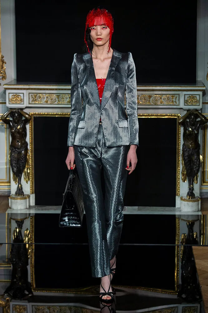 A picture of a model on the catwalk for the Armani 2019 catwalk show.