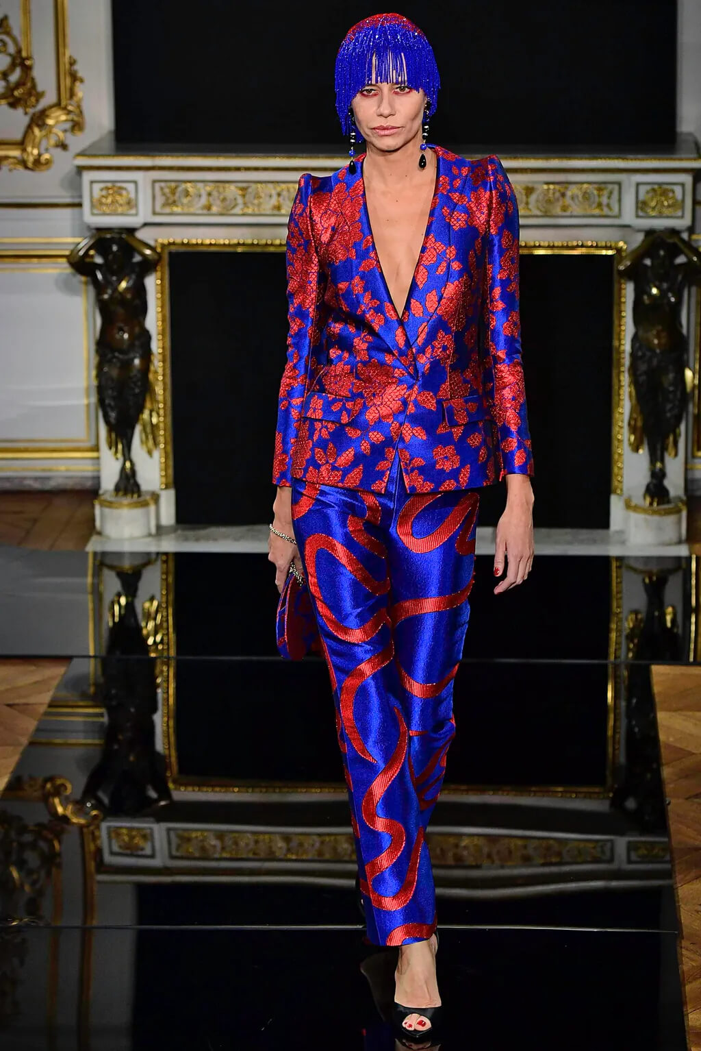 A picture of a model on the catwalk for the Armani 2019 catwalk show.