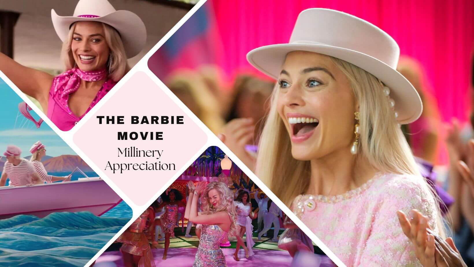 A picture of a blog cover for a blog post about millinery in the Barbie Movie by Melissa Rath MIllinery.