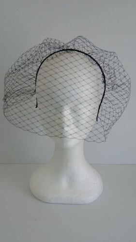 A picture of the black full veiled headband by Melissa Rath Millinery.