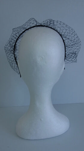 A picture of the black full veiled headband by Melissa Rath Millinery.