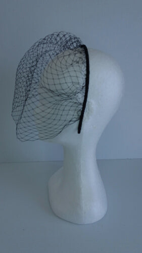 A picture of the black full veiled headband by Melissa Rath Millinery.