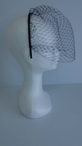 A picture of the black full veiled headband by Melissa Rath Millinery.