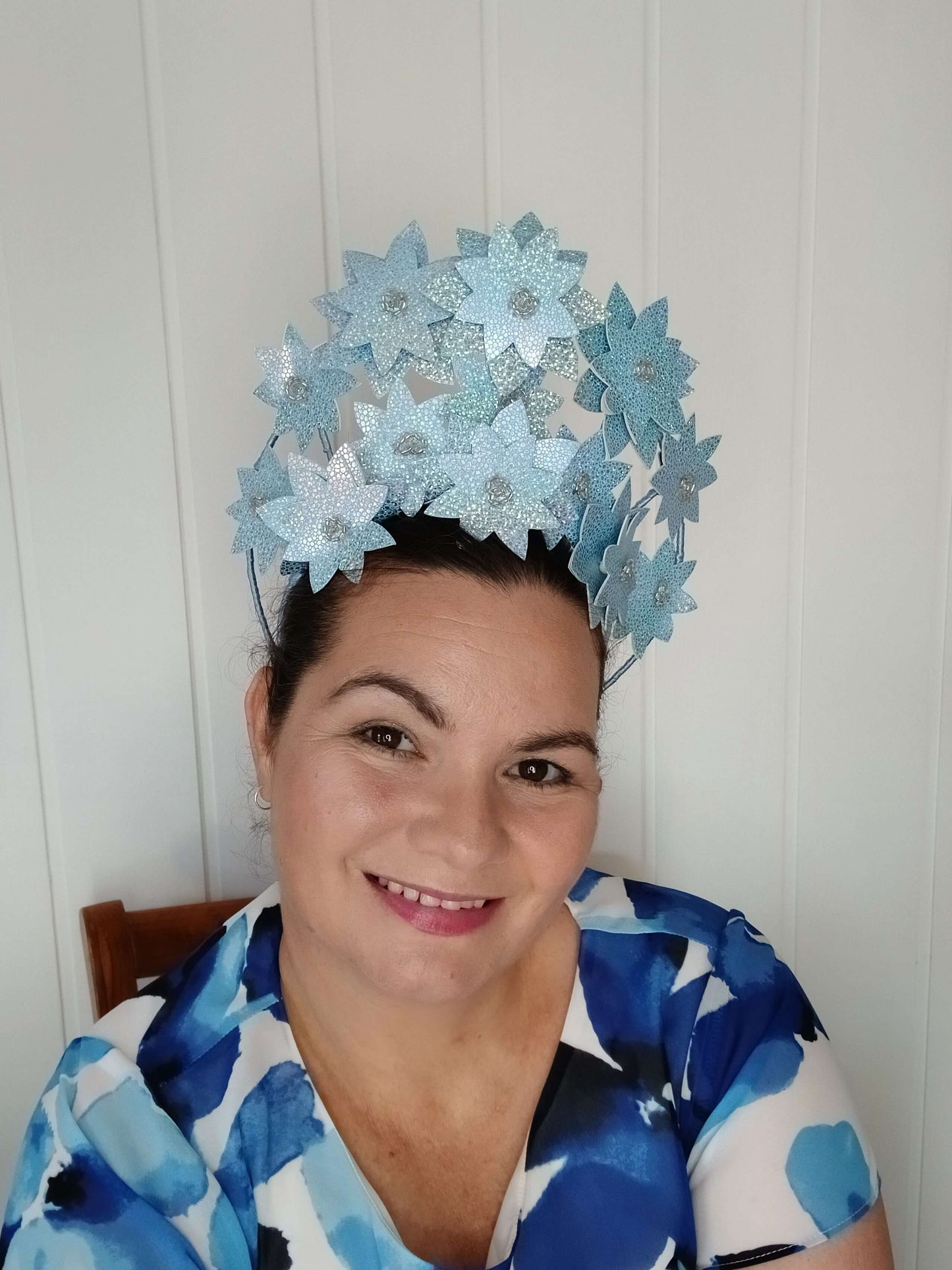 A picture is a Blue Pleather Millinery Crown by Melissa Rath Millinery