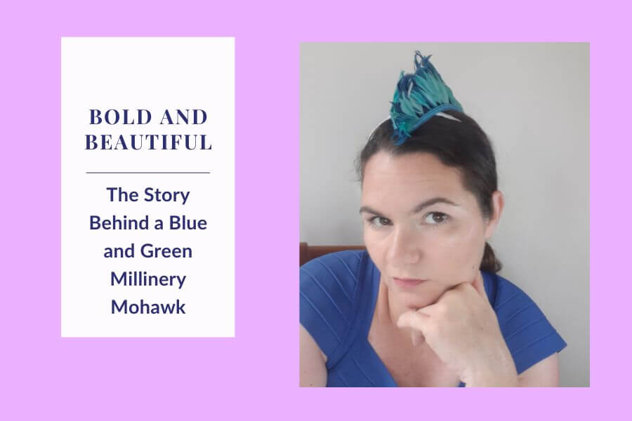 A picture of a blog banner for a blog about the story behind teh blue and green millinery mohawk by Melissa Rath Millinery