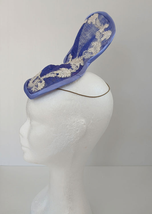 A picture of a Blue and White Sculptured Millinery Fascinator by Melissa Rath Millinery.