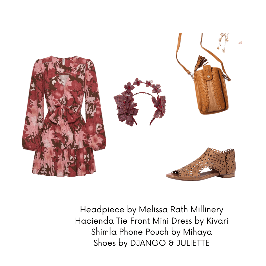 A picture of a bohemian outfit suggestion for a blog post about styling the Red Pleather Millinery Collection by Melissa Rath Millinery.