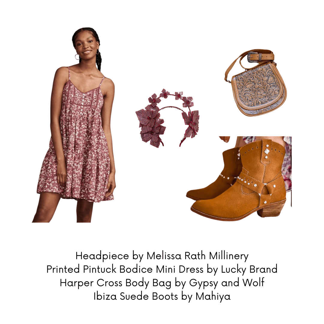 A picture of a bohemian outfit suggestion for a blog post about styling the Red Pleather Millinery Collection by Melissa Rath Millinery.