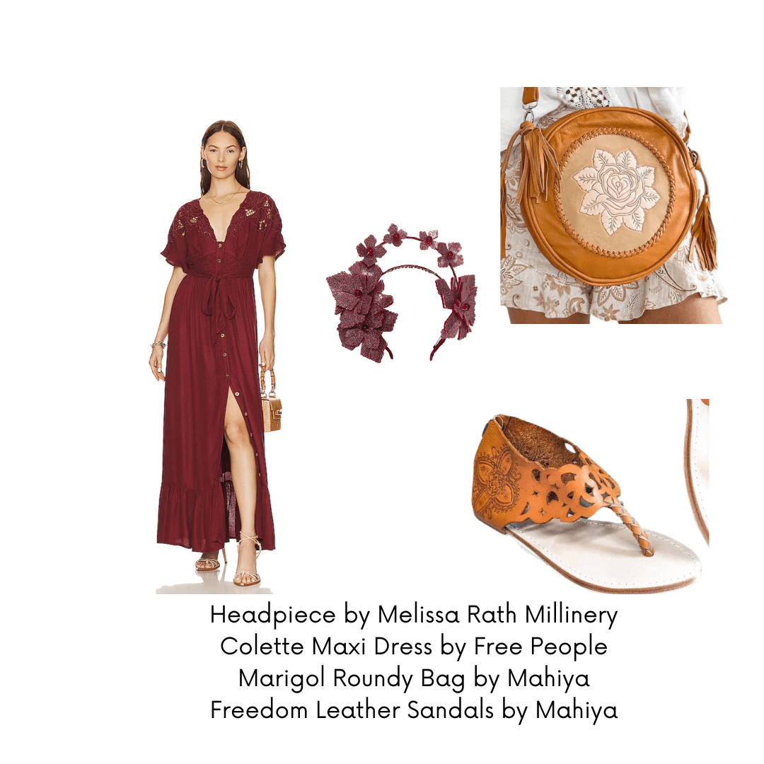 A picture of a bohemian outfit suggestion for a blog post about styling the Red Pleather Millinery Collection by Melissa Rath Millinery.
