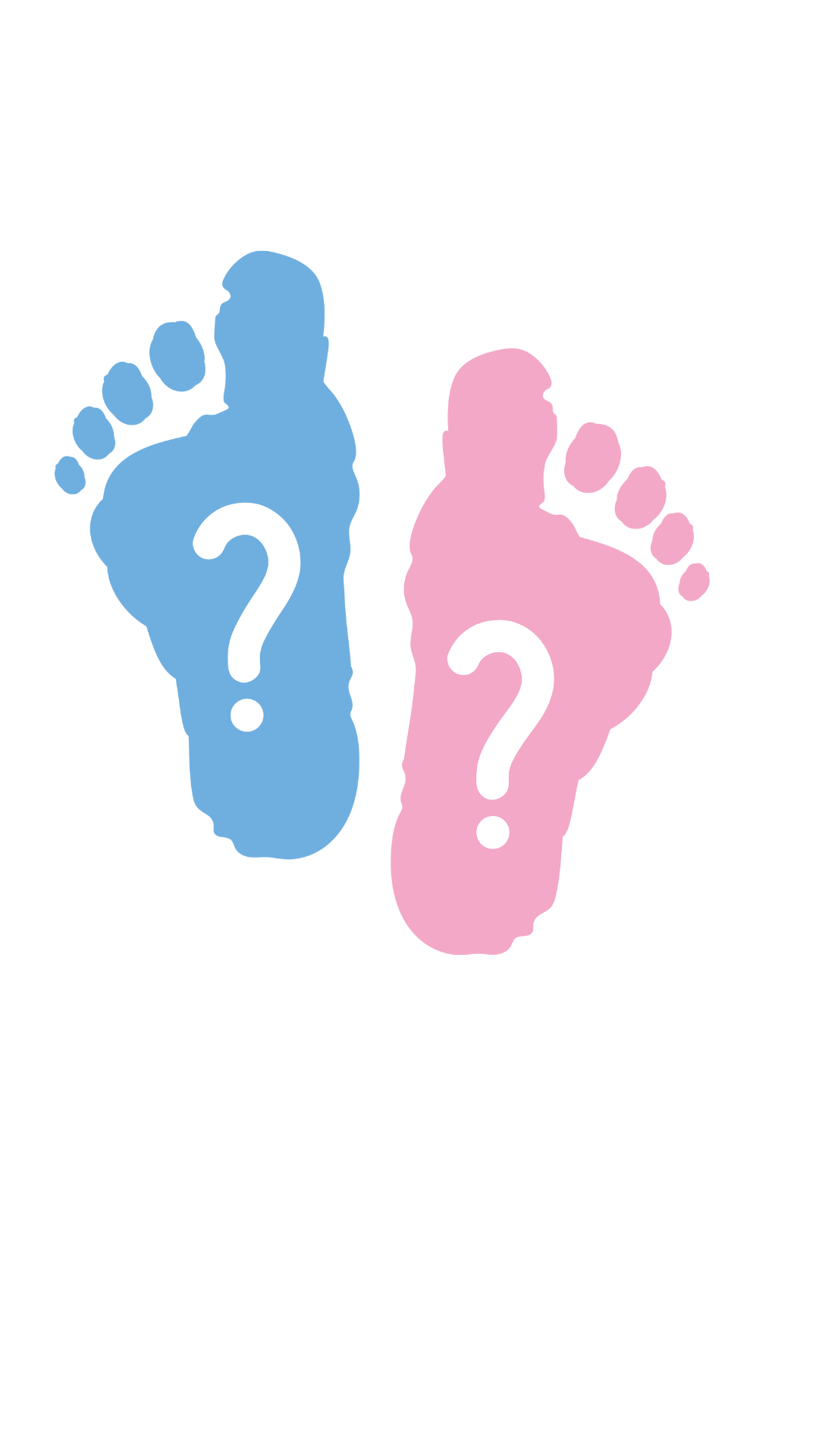 A picture of baby footprints in pink and blue with question marks, indicating the gender of a baby in unknown.