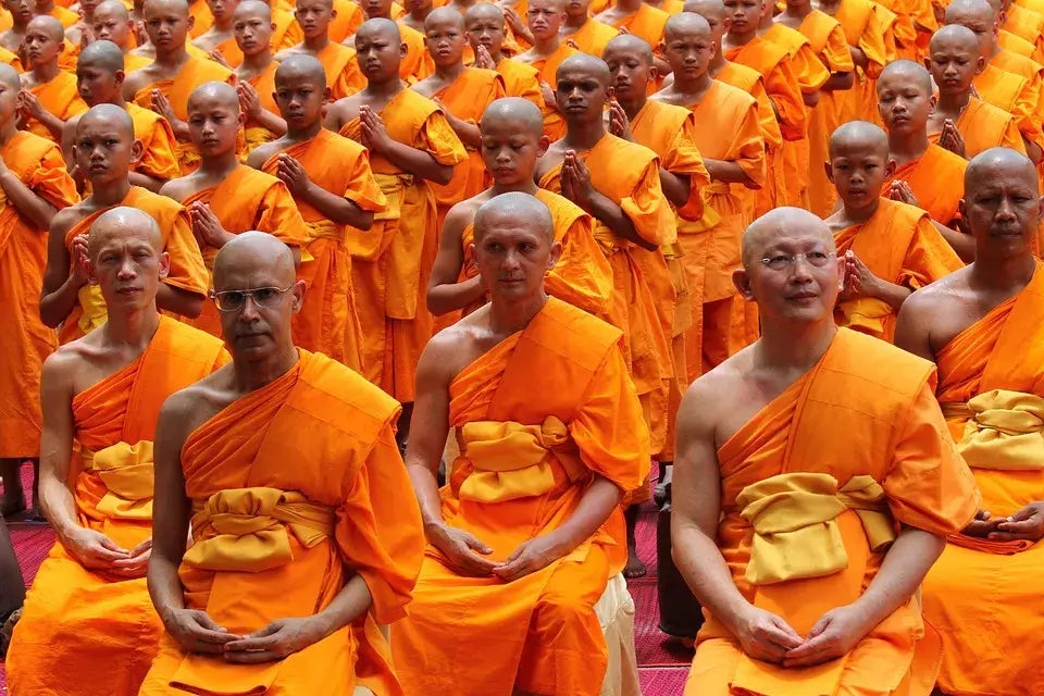 A picture of Buddhist monks in traditional clothes.