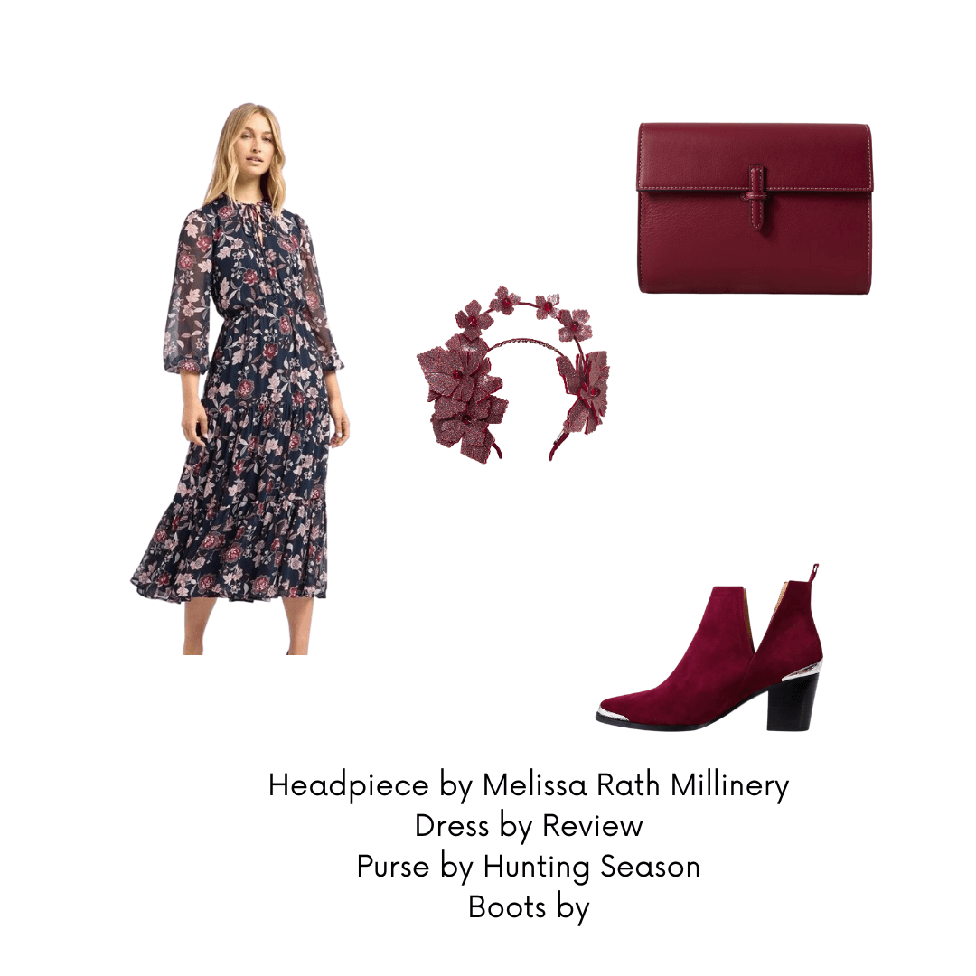 A picture of an outfit suggestion for a christening for a blog post about styling the Red Pleather Millinery Collection by Melissa Rath Millinery.