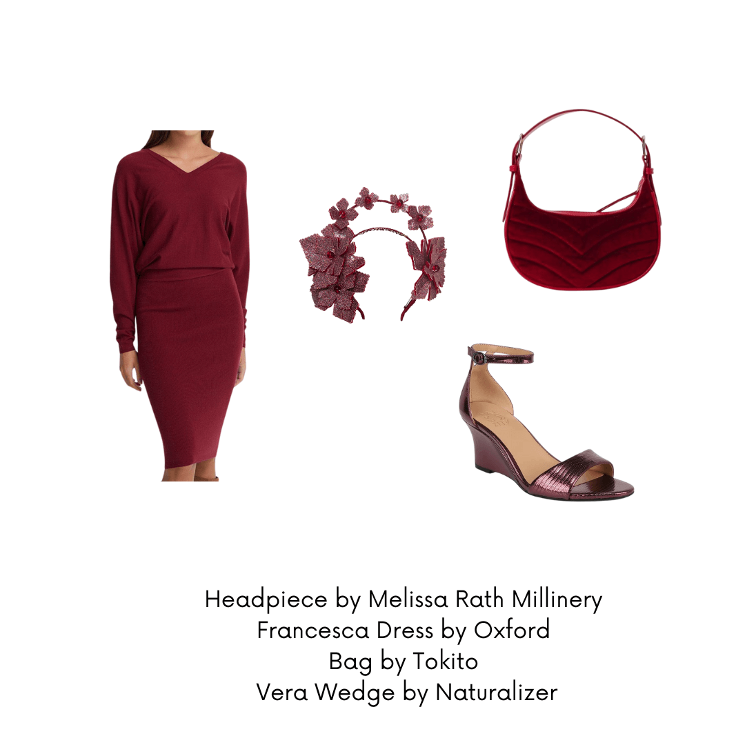 A picture of an outfit suggestion for a christening for a blog post about styling the Red Pleather Millinery Collection by Melissa Rath Millinery.