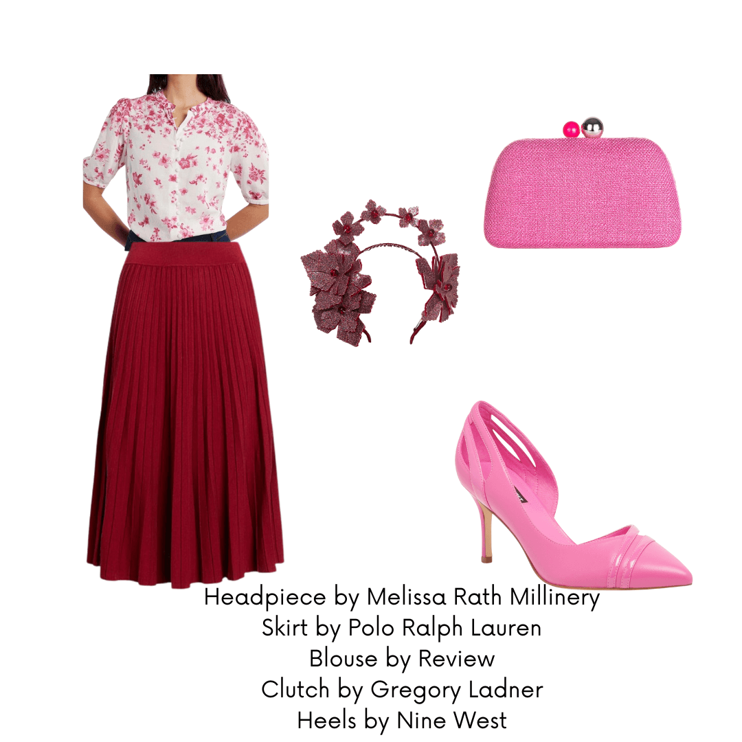 A picture of an outfit suggestion for a christening for a blog post about styling the Red Pleather Millinery Collection by Melissa Rath Millinery.