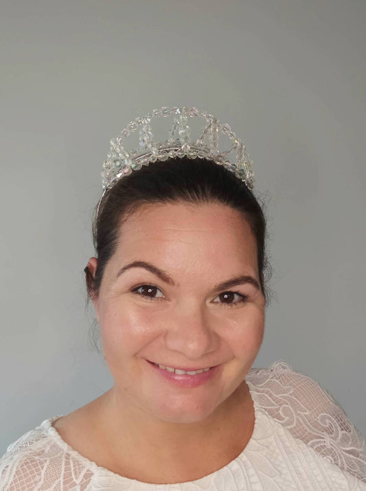 A picture of a Clear Plastic Beaded Millinery Crown by Melissa Rath Millinery.