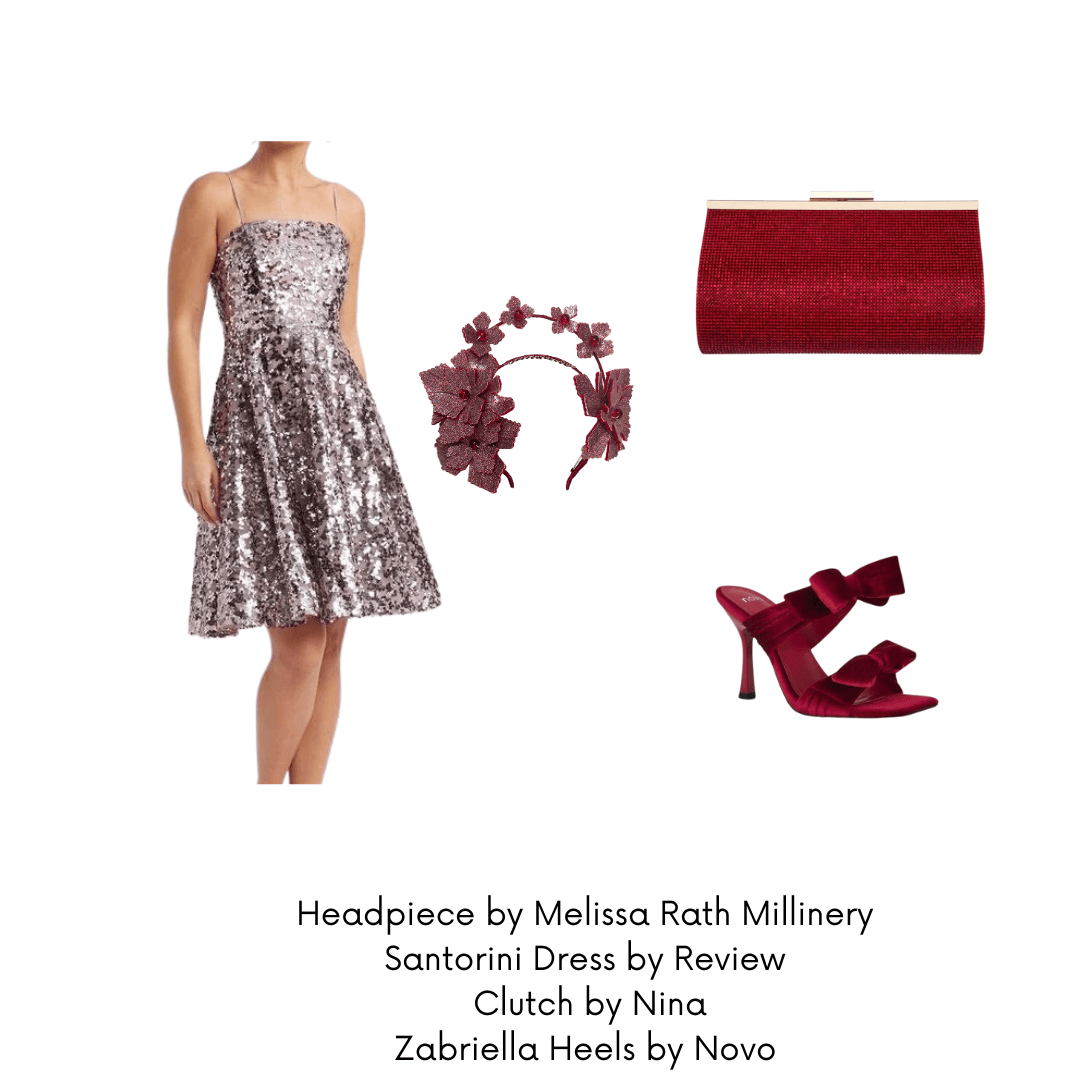 A picture of an outfit suggestion for a cocktail event for a blog post about styling the Red Pleather Millinery Collection by Melissa Rath Millinery.