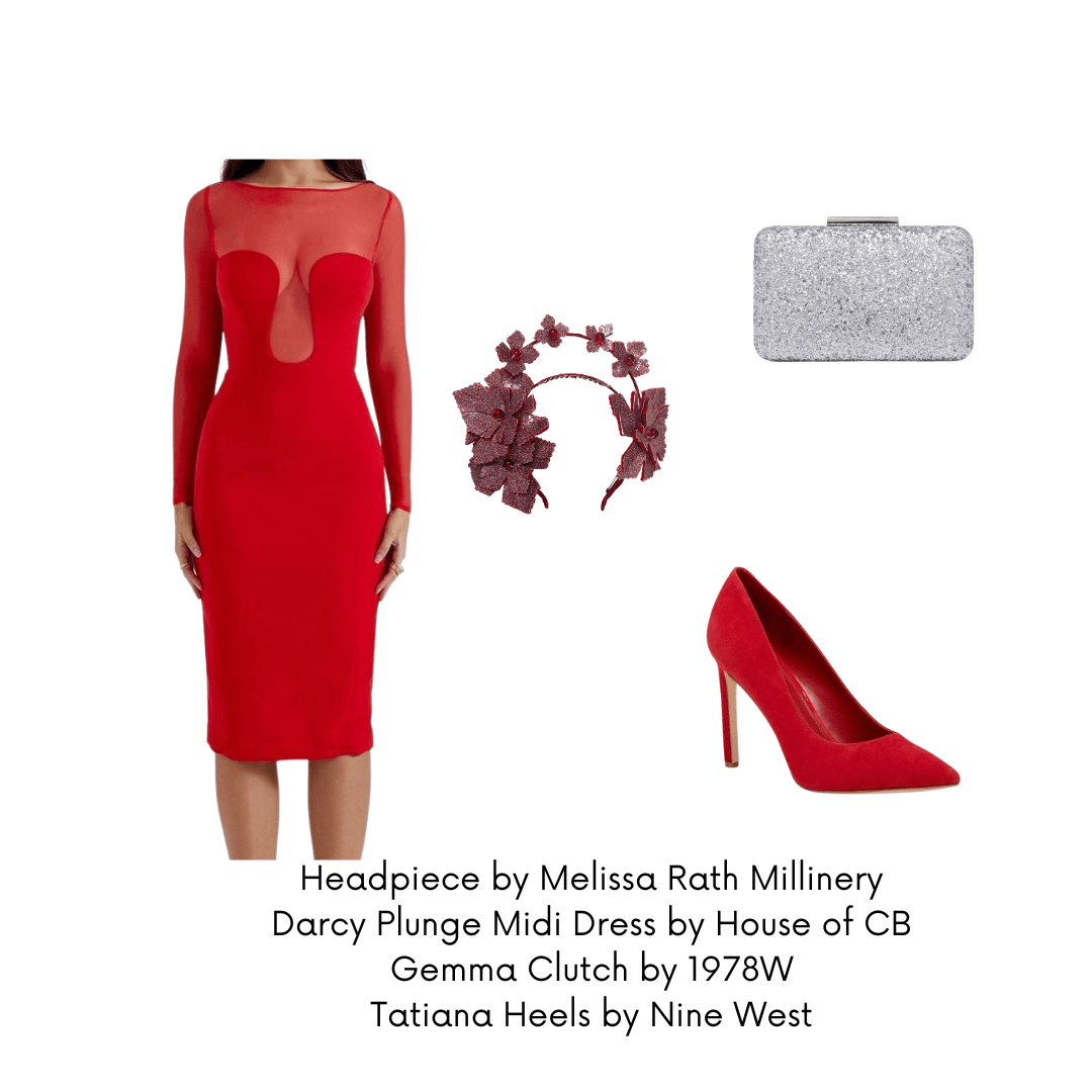 A picture of an outfit suggestion for a cocktail event for a blog post about styling the Red Pleather Millinery Collection by Melissa Rath Millinery.