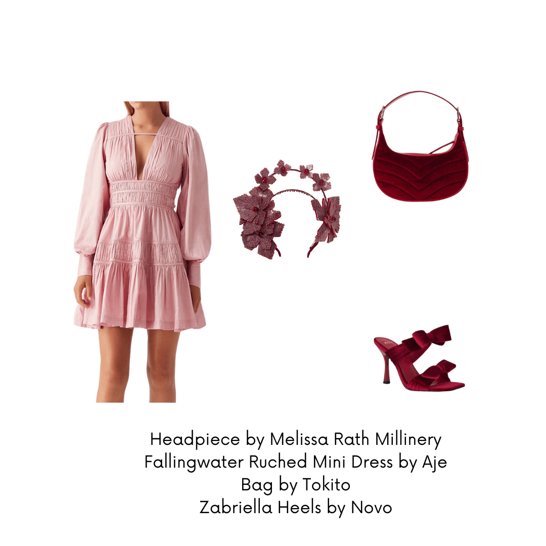 A picture of an outfit suggestion for a cocktail event for a blog post about styling the Red Pleather Millinery Collection by Melissa Rath Millinery.
