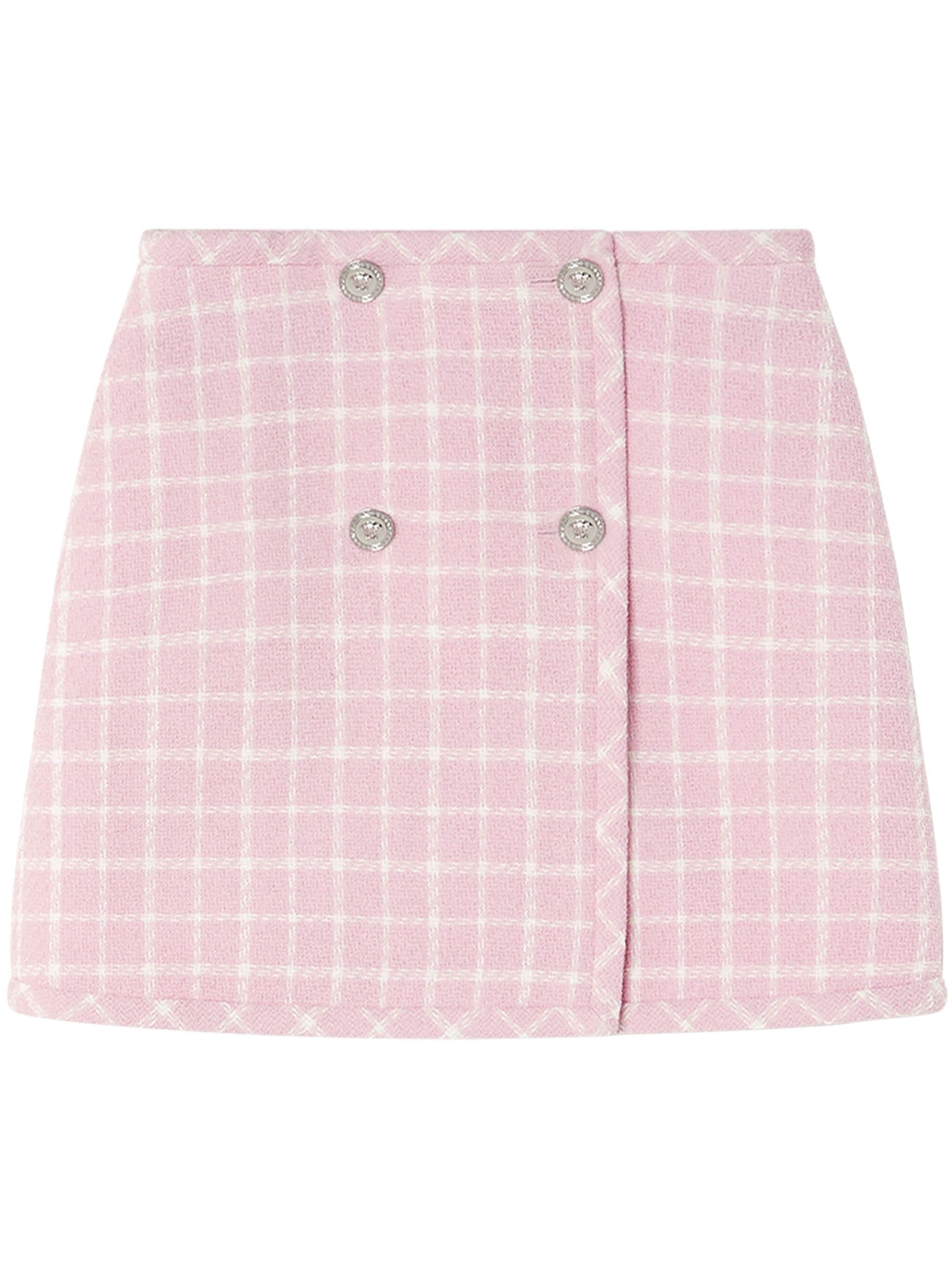 A picture of the Contrast Tweed Wrap Mini Skirt by Versace, available at Farfetch.com