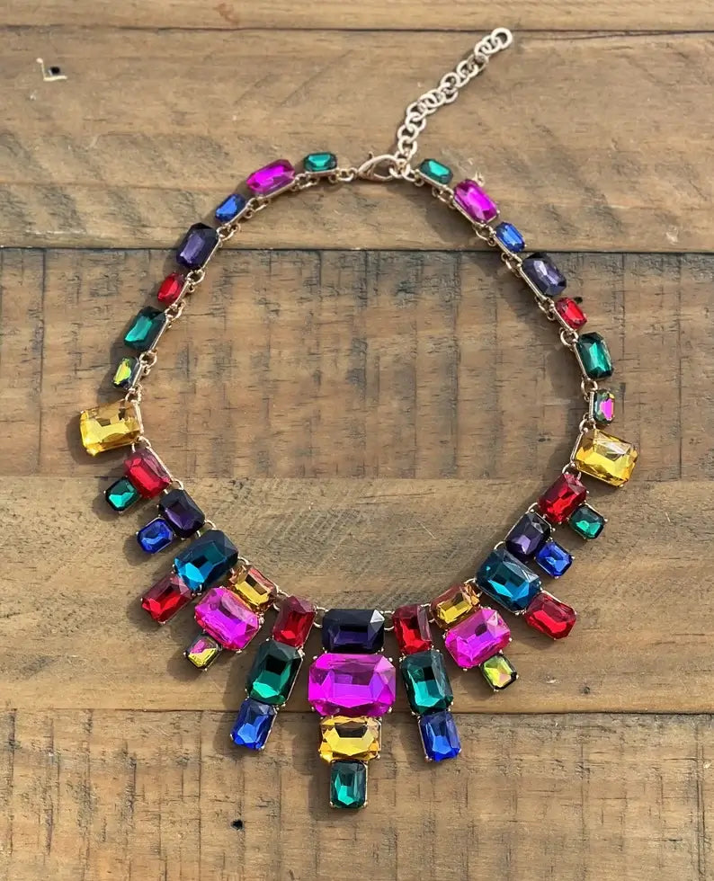 A picture of a dazzling Multicolour Mischka Statement Necklace by Jewellery by Dolusia, available on ETSY. $58.55