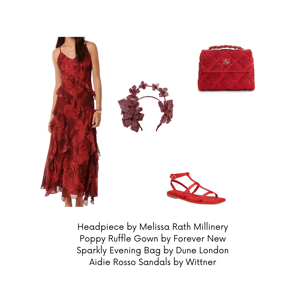 A picture of a destination wedding outfit suggestion for a blog post about styling the Red Pleather Millinery Collection by Melissa Rath Millinery.