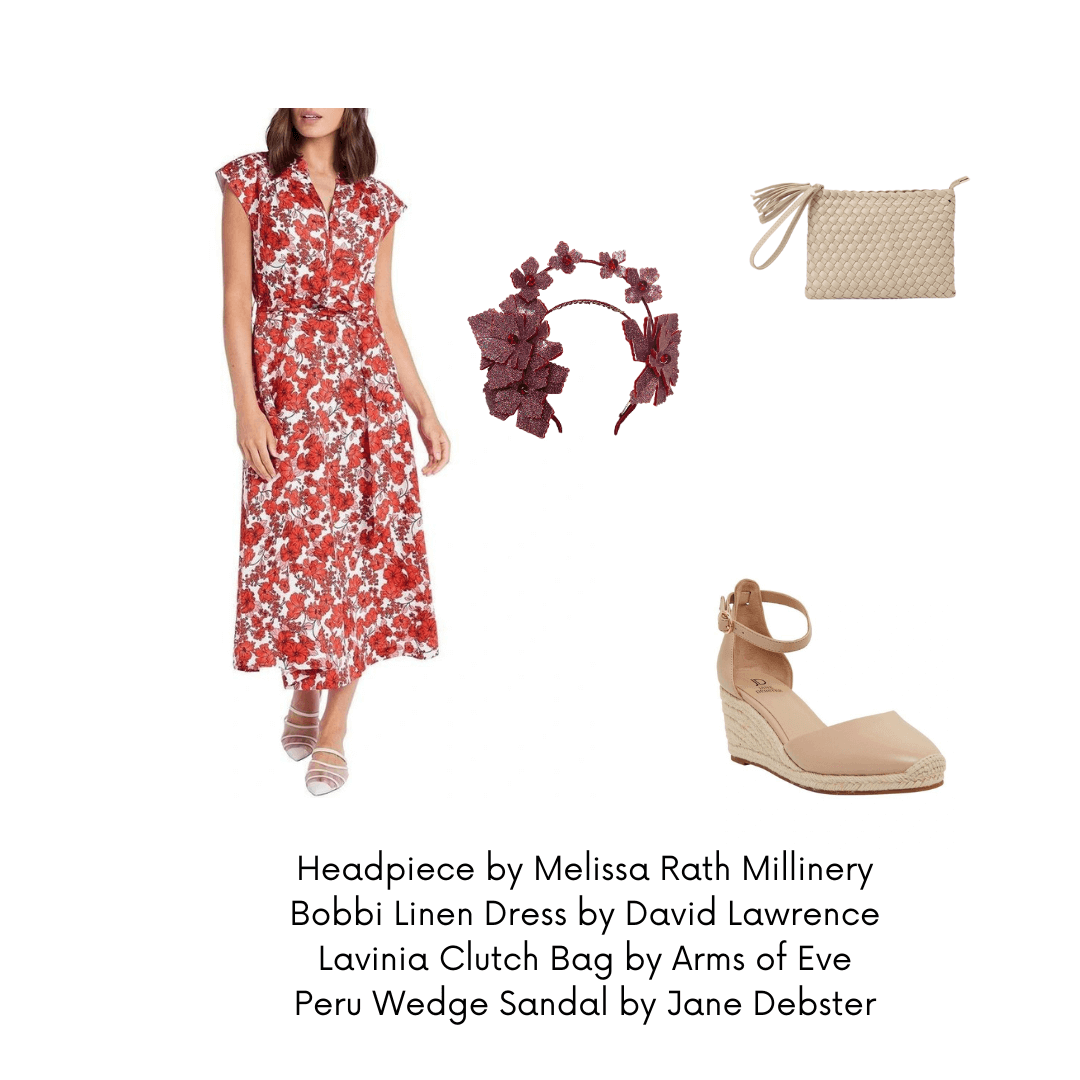 A picture of a destination wedding outfit suggestion for a blog post about styling the Red Pleather Millinery Collection by Melissa Rath Millinery.