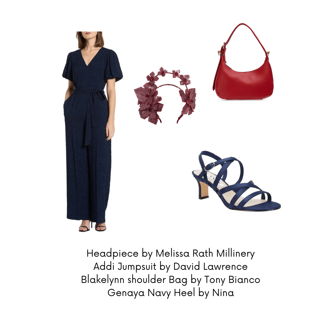 A picture of a destination wedding outfit suggestion for a blog post about styling the Red Pleather Millinery Collection by Melissa Rath Millinery.