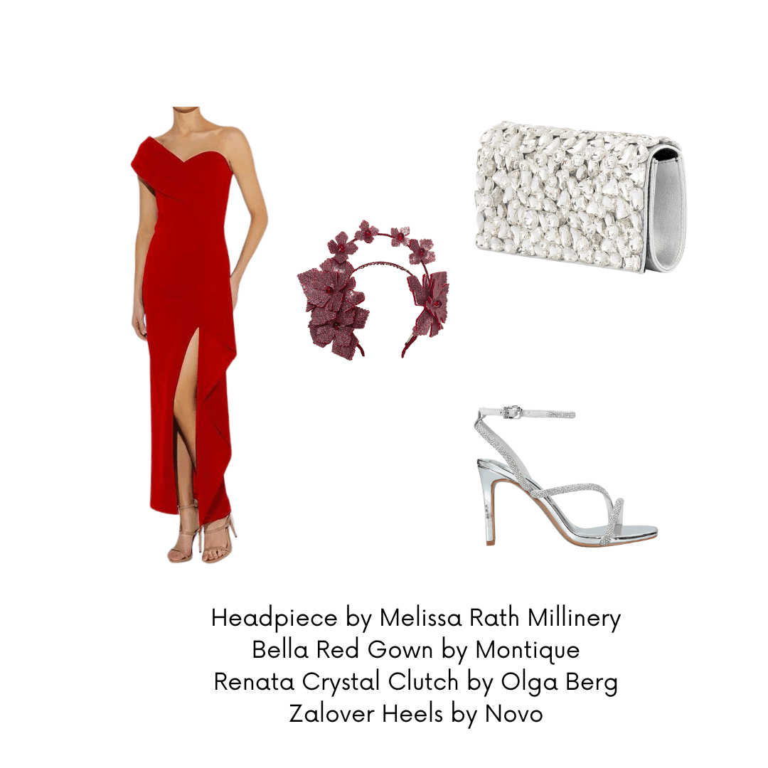 A picture of a formal wedding outfit suggestion for a blog post about styling the Red Pleather Millinery Collection by Melissa Rath Millinery.