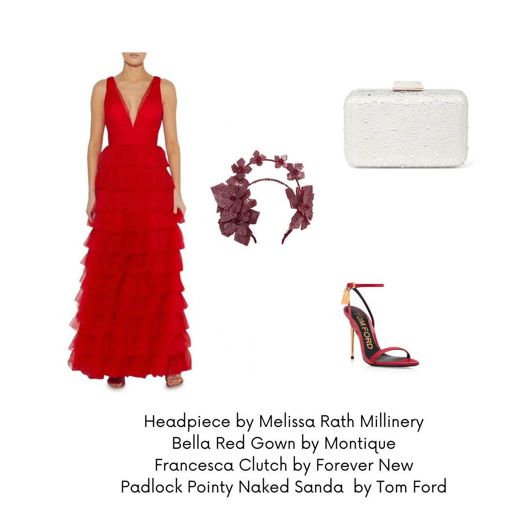 A picture of a formal wedding outfit suggestion for a blog post about styling the Red Pleather Millinery Collection by Melissa Rath Millinery.