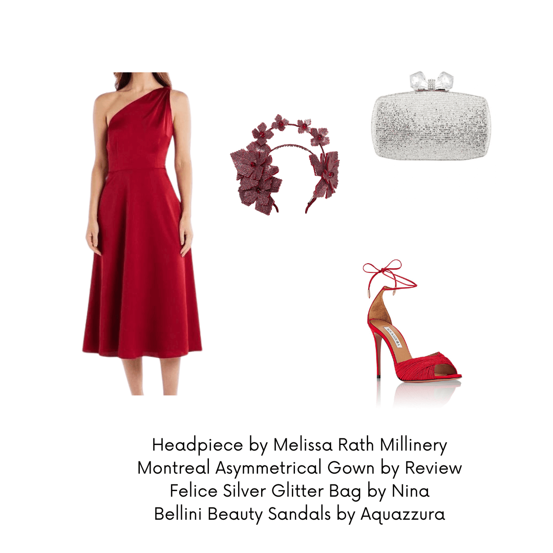 A picture of a formal wedding outfit suggestion for a blog post about styling the Red Pleather Millinery Collection by Melissa Rath Millinery.